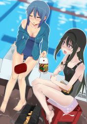 Rule 34 | 10s, 2girls, akemi homura, bad id, bad pixiv id, bare legs, barefoot, bento, black hair, blue hair, blurry, breasts, calorie mate, cleavage, closed eyes, competition swimsuit, depth of field, drooling, dutch angle, hairband, hood, hoodie, jacket, jacket over swimsuit, kawaguchi yukihiro, long hair, mahou shoujo madoka magica, medium breasts, miki sayaka, multiple girls, one-piece swimsuit, pool, poolside, purple eyes, school swimsuit, short hair, sitting, swimsuit, swimsuit under clothes