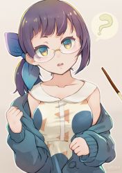 Rule 34 | 1girl, ?, blue cardigan, blue ribbon, breasts, cardigan, dress, food, fujinami (kancolle), glasses, hair ribbon, kantai collection, looking at viewer, medium breasts, off shoulder, official alternate costume, open cardigan, open clothes, parted lips, pocky, pocky day, purple hair, ribbon, simple background, solo, spoken question mark, teeth, tomamatto, upper teeth only