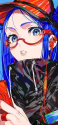 Rule 34 | 1girl, black jacket, blue eyes, blue hair, cellphone, commentary request, drawstring, forehead, hat, high collar, highres, holding, holding phone, jacket, long hair, looking at viewer, mika pikazo, original, parted lips, phone, red-framed eyewear, red hat, semi-rimless eyewear, solo, under-rim eyewear, upper body, visor cap
