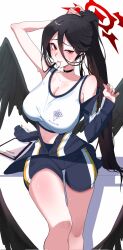 Rule 34 | 1girl, black choker, black wings, blue archive, blue jacket, blue shorts, breasts, choker, crop top, feathered wings, gym shorts, gym uniform, halo, hasumi (blue archive), hasumi (track) (blue archive), highres, huge breasts, jacket, jisn, large wings, low wings, mole, mole under eye, navel, official alternate costume, partially unzipped, red halo, shorts, simple background, solo, track jacket, white background, wings