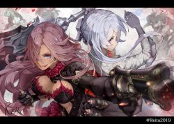 Rule 34 | 2girls, aiming, aiming at viewer, ammunition, ammunition belt, back-to-back, black gloves, blood, blood drip, blood splatter, blue eyes, breasts, choker, cinderella (sinoalice), cleavage, closed mouth, clothing cutout, dark-skinned female, dark skin, dress, gloves, grey eyes, grey gloves, gun, hair ornament, hair over one eye, happy, highres, holding, holding gun, holding sword, holding weapon, hoshizaki reita, large breasts, letterboxed, looking at viewer, monster, multiple girls, navel cutout, open mouth, serious, sharp teeth, sinoalice, snow white (sinoalice), sword, teeth, weapon, white hair