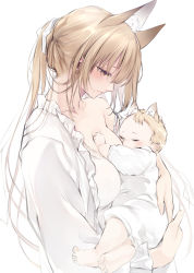 Rule 34 | 2girls, animal ear fluff, animal ears, baby, blonde hair, breastfeeding, breasts, breasts out, brown eyes, commentary request, fox ears, fox girl, hair ribbon, highres, long hair, multiple girls, nightgown, original, pajamas, ponytail, ribbon, white background, yukibuster z