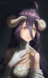 Rule 34 | 1girl, absurdres, ahoge, albedo (overlord), bare shoulders, breasts, cleavage, closed mouth, commentary, curled horns, demon girl, demon horns, dress, elvafirst, english commentary, gloves, hair between eyes, hand on own chest, highres, horns, large breasts, long hair, looking to the side, overlord (maruyama), portrait, purple hair, signature, smile, solo, upper body, white dress, white gloves, white horns, yellow eyes
