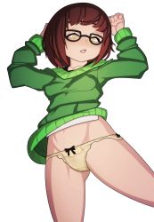 Rule 34 | 1girl, absurdres, arms up, black-framed eyewear, blsh (blshwrks), blush, bob cut, bow, bow panties, breasts, brown hair, clitoral hood, collarbone, female focus, female pubic hair, from above, glasses, gluteal fold, green sweater, groin, half-closed eyes, highres, long sleeves, looking down, lying, navel, nose blush, on back, panties, parted lips, pubic hair, pussy, see-through, shirt, sho-tan (thedoujin), short hair, sidelocks, simple background, small breasts, solo, spread legs, sweater, teeth, thedoujin, uncensored, underwear, white background, white shirt, yellow eyes, yellow panties