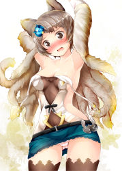 Rule 34 | 10s, 1girl, animal ears, areola slip, armpits, arms up, blush, breasts, brown thighhighs, embarrassed, erune, granblue fantasy, grey eyes, grey hair, hair ornament, halterneck, looking at viewer, miniskirt, open mouth, panties, skirt, solo, stella (granblue fantasy), strap slip, striped clothes, striped panties, sutera (granblue fantasy), tekehiro, thighhighs, underwear, wardrobe malfunction, wavy mouth