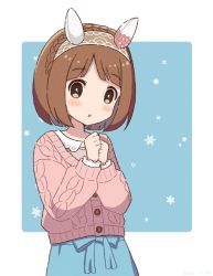 Rule 34 | 1girl, animal ears, bad id, bad pixiv id, blue background, blue skirt, blush, braid, brown eyes, brown hair, clenched hands, ear covers, horse ears, horse girl, hotori (tdkbank), looking at viewer, own hands together, pink sweater, short hair, skirt, snowflakes, solo, standing, sweater, tail, umamusume, yukino bijin (umamusume)
