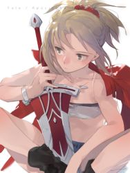 Rule 34 | 1girl, bandeau, blonde hair, boots, bracelet, clarent (fate), denim, denim shorts, fate/apocrypha, fate (series), green eyes, jacket, jacket on shoulders, jewelry, midriff, mordred (fate), mordred (fate/apocrypha), mordred (memories at trifas) (fate), necklace, ponytail, red jacket, shirt, shorts, sitting, solo, sword, torn clothes, torn shirt, weapon, yuni (via junk)