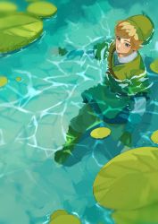 Rule 34 | 1boy, armor, blonde hair, blue eyes, boots, chainmail, earrings, fingerless gloves, from above, full body, gloves, green hat, green tunic, hair between eyes, hat, highres, jewelry, lily pad, link, male focus, nature, nintendo, outdoors, pants, partially submerged, pisu 1107, pointy ears, shirt, short hair, shoulder strap, solo, the legend of zelda, the legend of zelda: skyward sword, white shirt
