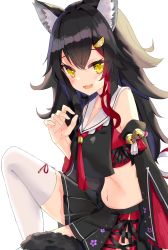 Rule 34 | 1girl, animal ears, bad id, bad twitter id, bell, black hair, choker, detached sleeves, fang, hair ornament, hairclip, highres, hololive, miniskirt, multicolored hair, ookami mio, ookami mio (1st costume), open mouth, ribbon choker, sailor collar, side slit, simple background, sinobi illust, skirt, solo, streaked hair, tail, tail wrap, thighhighs, undershirt, virtual youtuber, white background, wolf ears, wolf girl, wolf tail, yellow eyes