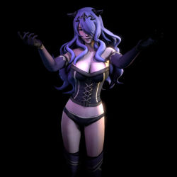 Rule 34 | 10s, 1girl, 3d, arms up, bare shoulders, black background, black footwear, black gloves, black panties, boots, breasts, camilla (fire emblem), cleavage, corset, covering one eye, elbow gloves, female focus, fire emblem, fire emblem fates, fire emblem warriors, gloves, hair over one eye, large breasts, long hair, looking at viewer, nintendo, outstretched arms, panties, purple eyes, purple hair, simple background, smile, solo, standing, underwear