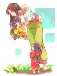 Rule 34 | 210 (titoto), 3girls, baby, barefoot, brown hair, child, family, full body, inuyasha, japanese clothes, kimono, long hair, long skirt, mother and daughter, multiple girls, sango (inuyasha), skirt, titoto, yukata