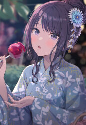 Rule 34 | 1girl, :o, absurdres, black hair, blue kimono, blurry, blurry background, blush, bokeh, breasts, candy, candy apple, commentary request, depth of field, floral print, food, hair bun, highres, holding, holding candy, holding food, idolmaster, idolmaster shiny colors, japanese clothes, kazano hiori, kimono, looking at viewer, mole, mole under mouth, momomoi momoi, outdoors, purple eyes, sidelocks, single hair bun, small breasts, solo, upper body, yukata