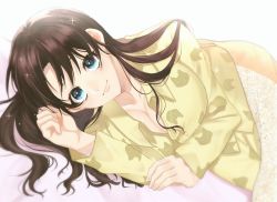 Rule 34 | 1girl, blue eyes, breasts, brown hair, cleavage, collarbone, dress shirt, fate/stay night, fate (series), hair between eyes, hair down, highres, long hair, looking at viewer, lying, medium breasts, official alternate costume, on bed, on side, pajamas, pov across bed, shirt, smile, solo, tohsaka rin, toutou (fufu0o), under covers, yellow shirt