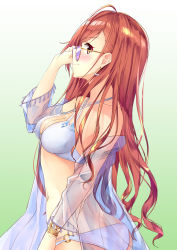 Rule 34 | 1girl, absurdres, ahoge, arisugawa natsuha, ass, bikini, blush, bracelet, breasts, brown eyes, brown hair, cleavage, closed mouth, commentary request, earrings, from side, gradient background, green background, highres, idolmaster, idolmaster shiny colors, jewelry, long hair, looking to the side, medium breasts, megurumiru, navel, o-ring, o-ring bottom, off shoulder, profile, see-through, simple background, smile, solo, standing, sunglasses, swimsuit, white bikini