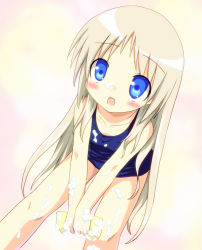 Rule 34 | 1girl, bad id, bad pixiv id, bent over, blonde hair, blue eyes, blush, fang, flat chest, fuyuno (ramentaro23), kud wafter, little busters!, long hair, looking up, noumi kudryavka, one-piece swimsuit, school swimsuit, soap bubbles, solo, sponge, swimsuit