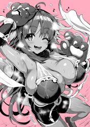 Rule 34 | 1girl, :d, animal hands, armpits, breasts, cleavage, covered erect nipples, fur collar, fur trim, gloves, greyscale, hand up, highres, kaori (princess connect!), kojima saya, large breasts, looking at viewer, monochrome, multicolored hair, one eye closed, open mouth, paw gloves, pink background, princess connect!, skindentation, smile, solo, sweat, sweatdrop, wet, wet clothes
