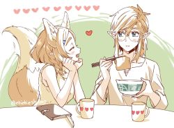 Rule 34 | 1boy, 1girl, aburaage, animal ears, blonde hair, blue eyes, blush stickers, bowl, braid, breasts, chopsticks, closed eyes, couple, cup, eating, fang, feathers, food, fox ears, fox girl, fox tail, glasses, green background, hair between eyes, hair ornament, hairclip, head rest, heart, heart print, hetero, kemonomimi mode, link, looking at another, medium breasts, medium hair, motion lines, nintendo, notebook, open mouth, parted bangs, pointy ears, princess zelda, shirt, short hair, short sleeves, shuri (84k), sidelocks, simple background, sitting, sleeveless, smile, table, tail, the legend of zelda, the legend of zelda: breath of the wild, the legend of zelda: tears of the kingdom, thick eyebrows, twitter username