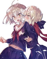 Rule 34 | 2girls, ahoge, akieda, artoria pendragon (all), artoria pendragon (fate), black skirt, blonde hair, blush, bow, braid, grabbing another&#039;s breast, breasts, commentary request, fang, fate (series), french braid, grabbing, grabbing from behind, hair between eyes, hair bow, highres, jeanne d&#039;arc (fate), jeanne d&#039;arc alter (avenger) (fate), jeanne d&#039;arc alter (fate), looking at another, multiple girls, navel, neckerchief, open mouth, pleated skirt, red neckerchief, red scarf, saber alter, sailor collar, scarf, school uniform, serafuku, short hair, simple background, skirt, small breasts, v-shaped eyebrows, white background, yellow eyes, yuri