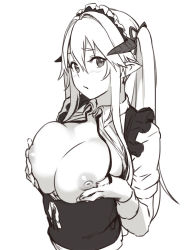 Rule 34 | 1girl, blush, breasts squeezed together, breasts, closed mouth, collared shirt, demon girl, demon horns, demon maid (houtengeki), frills, greyscale, hair ribbon, horns, houtengeki, large breasts, looking at viewer, maid headdress, monochrome, nipples, open clothes, open shirt, original, pointy ears, ribbon, shirt, short sleeves, sidelocks, simple background, sketch, solo, white background, wing collar, wristband