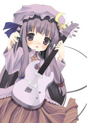Rule 34 | 1girl, absurdres, colorized, crescent, crescent hat ornament, female focus, guitar, hat, hat ornament, highres, instrument, long hair, patchouli knowledge, purple eyes, purple hair, shiro, shiro (octet), simple background, solo, standing, touhou, white background