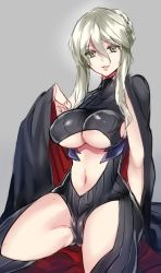 Rule 34 | 1girl, artoria pendragon (fate), artoria pendragon (lancer alter) (fate), bad id, bad pixiv id, blonde hair, bodysuit, breasts, brown eyes, cameltoe, cape, fate/grand order, fate (series), highres, large breasts, looking at viewer, navel, pantsu (lootttyyyy), saber (fate), saber alter, sitting, smile, solo, underboob