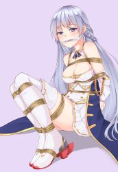 Rule 34 | 1girl, aiguillette, arms behind back, azur lane, bad id, bad pixiv id, bare shoulders, bdsm, blue eyes, blush, bondage, boots, bound, braid, breasts, cleavage, detached sleeves, french braid, full body, gag, gagged, kbkbkunbang, long hair, looking at viewer, medium breasts, rodney (azur lane), rope, silver hair, sitting, solo, sweat, thigh boots, thighhighs, very long hair, white footwear