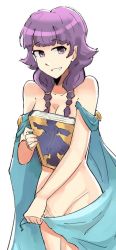 Rule 34 | 1girl, bad id, bad pixiv id, breasts, brozoco, cape, covering privates, covering breasts, covering crotch, fire emblem, fire emblem: the sacred stones, lute (fire emblem), naked cape, nintendo, nude, purple hair, short hair, smile, tagme, thighs, white background