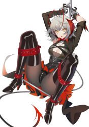 Rule 34 | 1girl, ambience synesthesia, arknights, black pantyhose, black tail, boots, bound, breasts, cleavage, cuffs, demon girl, demon horns, demon tail, grey hair, handcuffs, high heel boots, high heels, highres, horns, looking at viewer, medium breasts, multicolored hair, orange eyes, pantyhose, pole, qianshibu, red hair, restrained, ribbon, short hair, simple background, solo, spreader bar, tail, thigh boots, two-tone hair, w (arknights), w (wanted) (arknights), white background