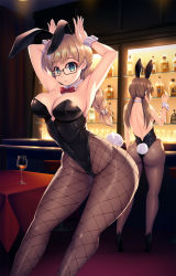 Rule 34 | 2girls, alcohol, animal ears, armpits, arms up, ass, back, black leotard, blue eyes, bow, bowtie, braid, braided ponytail, breasts, brown hair, bunny day, cleavage, closed mouth, cowboy shot, cuff links, cup, detached collar, drinking glass, fake animal ears, feet out of frame, fishnets, glasses, gluteal fold, high heels, highleg, highleg leotard, highres, indoors, large breasts, leotard, light brown hair, lips, looking at viewer, multiple girls, original, pantyhose, playboy bunny, rabbit ears, rabbit pose, rabbit tail, shelf, shoulder blades, solo focus, standing, strapless, strapless leotard, table, tail, twintails, udonko072, wine glass, wrist cuffs