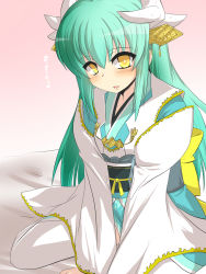 Rule 34 | 1girl, aqua hair, between legs, commentary request, fate/grand order, fate (series), goma (gomasamune), hand between legs, headgear, heart, highres, horns, japanese clothes, kimono, kiyohime (fate), long hair, long sleeves, looking at viewer, obi, on bed, open mouth, pink background, sash, sidelocks, sitting, solo, spoken heart, translated, wariza, white legwear, wide sleeves, yellow eyes