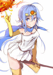 Rule 34 | 1girl, ahoge, blue eyes, blue hair, blush, breasts, cape, chunsoft, circlet, cleavage, dragon quest, dragon quest iii, eizan, elbow gloves, enix, fang, fang out, female masturbation, fireball, giji eizan, gloves, looking at viewer, magic, masturbation, matching hair/eyes, pussy juice, sage (dq3), sketch, smile, solo, staff, thighhighs, white background, yellow thighhighs