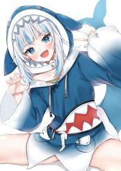 Rule 34 | 1girl, absurdres, animal hood, bare legs, blue eyes, blue hair, blue hoodie, blue nails, blush, breasts, claw pose, collarbone, commentary, english commentary, fangs, fins, fish tail, gawr gura, gawr gura (1st costume), gluteal fold, highres, hololive, hololive english, hood, hoodie, long sleeves, looking at viewer, medium hair, multicolored hair, nail polish, nemun (tamizzz), open mouth, shark hood, shark tail, sharp teeth, silver hair, simple background, small breasts, smile, solo, split, spread legs, streaked hair, tail, teeth, thighs, two-tone hair, v, virtual youtuber, white background, wide sleeves