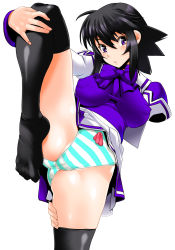 Rule 34 | 1girl, ahoge, ayamine kei, black hair, black thighhighs, blush, bow, bow panties, breasts, cameltoe, covered erect nipples, feet, hair between eyes, highres, impossible clothes, impossible shirt, large breasts, leg up, legs, long legs, muv-luv, panties, purple eyes, shinama, shirt, simple background, solo, striped clothes, striped panties, taut clothes, taut shirt, thighhighs, thighs, trefoil, underwear, white background