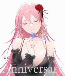 Rule 34 | 1girl, absurdres, bad id, bad pixiv id, bare shoulders, black dress, breasts, chilli 646, cleavage, closed eyes, collarbone, dress, earrings, english text, flower, girls&#039; frontline, hair flower, hair ornament, hair ribbon, highres, holding, holding flower, holding petal, jewelry, long hair, m82a1 (girls&#039; frontline), m82a1 (out of darkness) (girls&#039; frontline), medium breasts, nail polish, open mouth, petals, pink hair, pink nails, ribbon, solo, white background