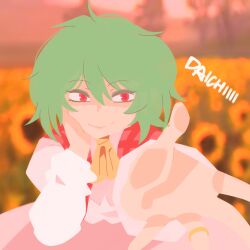 Rule 34 | 1girl, akuouhh, ascot, blurry, blurry background, field, flower, flower field, green hair, highres, jewelry, kazami yuuka, long sleeves, no lineart, open clothes, open vest, plaid, plaid vest, pov, reaching, reaching towards viewer, red eyes, red vest, ring, shirt, short hair, smile, solo, sunflower, sunflower field, touhou, vest, watermark, white shirt, yellow ascot