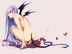 Rule 34 | 1girl, ass, back, barefoot, bat wings, demon girl, dimples of venus, doushimasho, full body, long hair, looking back, nude, original, purple hair, red eyes, shadow, simple background, solo, squatting, tail, very long hair, wings