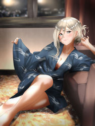 Rule 34 | 1girl, blonde hair, blue eyes, blue kimono, blush, breasts, city, closed mouth, couch, hair between eyes, hair ornament, highres, japanese clothes, kantai collection, kimono, long hair, looking at viewer, medium breasts, mole, mole under eye, mole under mouth, night, night sky, no bra, open clothes, richelieu (kancolle), sitting, sky, smile, solo, tama (tamago), window, yukata