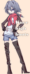 Rule 34 | 1girl, absurdres, artist request, blue eyes, boots, brown footwear, brown jacket, english text, full body, grey hair, hair between eyes, hands on own hips, high heel boots, high heels, highres, izayoi sakuya, jacket, looking at viewer, open clothes, open jacket, scarf, shirt, short shorts, shorts, smile, standing, stiletto heels, thigh boots, thighhighs, touhou, white shirt