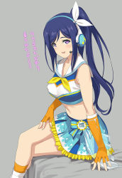 Rule 34 | 1girl, a1 (initial-g), bare shoulders, blue hair, breasts, cheerleader, commentary, copyright name, crop top, crossed legs, fingerless gloves, gloves, grey background, headset, high ponytail, long hair, looking at viewer, love live!, love live! sunshine!!, matsuura kanan, miniskirt, open mouth, orange gloves, orange legwear, parted bangs, purple eyes, ribbon, sailor collar, simple background, sitting, skirt, sleeveless, smile, solo, teeth, thighs, upper teeth only, white ribbon, yellow neckwear