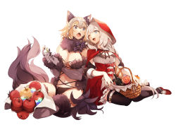 Rule 34 | 2girls, ;d, absurdres, animal ears, apple, black legwear, blonde hair, blue eyes, breasts, capelet, cleavage, cosplay, elbow gloves, fate/apocrypha, fate/grand order, fate (series), flower, food, fruit, fur-trimmed gloves, fur-trimmed legwear, fur collar, fur trim, gloves, golden apple, halloween, halloween costume, headpiece, heroic spirit festival outfit, highres, hood, hooded capelet, jeanne d&#039;arc (fate), jeanne d&#039;arc (ruler) (fate), lace, lace-trimmed legwear, lace trim, large breasts, long hair, marie antoinette (fate), marie antoinette (festival outfit) (fate), mash kyrielight, mash kyrielight (dangerous beast), mash kyrielight (dangerous beast) (cosplay), multiple girls, nature, navel, no-kan, o-ring, o-ring top, official alternate costume, one eye closed, open mouth, outdoors, picnic basket, purple gloves, purple legwear, red capelet, red headwear, red hood, revealing clothes, saint quartz (fate), silver hair, simple background, smile, tail, very long hair, wolf ears, wolf girl, wolf tail
