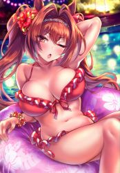 Rule 34 | 1girl, absurdres, animal ears, arm behind head, bikini, breasts, brown hair, commentary request, daiwa scarlet (trifle vacation) (umamusume), daiwa scarlet (umamusume), eyes visible through hair, fang, flower, focused, frilled bikini, frills, hair flower, hair intakes, hair ornament, hairband, highres, horse ears, horse girl, innertube, large breasts, light particles, lights, long hair, looking at viewer, navel, night, official alternate costume, one eye closed, open mouth, pool, red eyes, shashaki, solo, swim ring, swimsuit, twintails, umamusume, very long hair, water