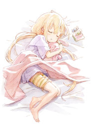 Rule 34 | 1girl, backlighting, barefoot, bed sheet, bike shorts, blanket, blonde hair, blush stickers, candy, candy wrapper, closed eyes, closed mouth, dot nose, facing viewer, food, frills, futaba anzu, hair tie, hugging object, idolmaster, idolmaster cinderella girls, indoors, legs together, long hair, low twintails, lying, matsuo yuusuke, on side, pout, shirt, short sleeves, sleeping, solo, striped bike shorts, striped clothes, stuffed animal, stuffed rabbit, stuffed toy, twintails, very long hair, white shirt