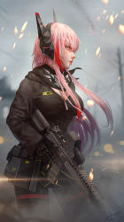 Rule 34 | 1girl, absurdres, assault rifle, black jacket, black scarf, breasts, finger on trigger, fire, floating hair, girls&#039; frontline, gloves, gun, hair between eyes, hairband, headgear, highres, jacket, jay xu, lens flare, light particles, long hair, m4 carbine, m4 sopmod ii, m4 sopmod ii (girls&#039; frontline), mechanical arms, medium breasts, multicolored hair, outdoors, parted lips, pink eyes, pink hair, red hair, rifle, scarf, signature, single mechanical arm, smile, solo, standing, streaked hair, weapon, wind, zipper