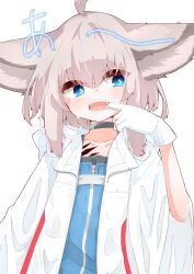 Rule 34 | 1girl, absurdres, animal ears, arknights, blue eyes, blue vest, coat, collarbone, fangs, finger in own mouth, fox ears, fox girl, gloves, grey hair, highres, material growth, open mouth, oripathy lesion (arknights), rano u rabe, short hair, simple background, solo, sussurro (arknights), teeth, upper body, upper teeth only, vest, white background, white coat, white gloves