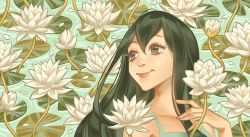Rule 34 | 1girl, asui tsuyu, bare arms, bare shoulders, boku no hero academia, collarbone, dress, eyebrows, eyelashes, female focus, flower, green background, green dress, green eyes, green hair, hair between eyes, lily pad, lips, long hair, looking to the side, looking up, munette, pale skin, sleeveless, smile, solo, spaghetti strap, white flower