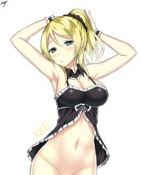 Rule 34 | 10s, 1girl, :o, armpits, arms up, artist name, ayase eli, babydoll, bare shoulders, blonde hair, blue eyes, blush, bottomless, breasts, cleavage, detached collar, groin, hair ornament, highres, large breasts, looking at viewer, love live!, love live! school idol project, navel, out-of-frame censoring, ponytail, signature, simple background, sky-freedom, solo, standing, stomach, upper body, white background, wrist cuffs