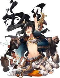 Rule 34 | 1girl, artist request, black hair, blunt bangs, breasts, closed eyes, flat chest, full body, gloves, hair ornament, long hair, midriff, navel, official art, open mouth, oshiro project:re, oshiro project:re, pantyhose, pleated skirt, shigisan (oshiro project), simple background, skirt, torn clothes, torn legwear, transparent background, underboob, wavy hair, white gloves