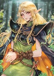 Rule 34 | 1girl, armor, blonde hair, cape, circlet, deedlit, elf, green eyes, highres, long hair, looking at viewer, magion02, own hands together, pointy ears, record of lodoss war, shoulder armor, smile, solo, sword, weapon