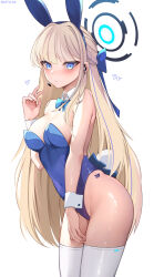 Rule 34 | 1girl, absurdres, animal ears, bare shoulders, blonde hair, blue archive, blue eyes, blue leotard, bow, bowtie, breasts, detached collar, earpiece, fake animal ears, halo, highres, kkato, leotard, long hair, looking at viewer, medium breasts, multicolored hair, official alternate costume, playboy bunny, rabbit ears, solo, strapless, strapless leotard, streaked hair, thighhighs, toki (blue archive), toki (bunny) (blue archive), very long hair, white background, white thighhighs, wrist cuffs