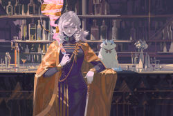 Rule 34 | alcd, alcohol, androgynous, aqua eyes, bar (place), bottle, cape, cat, champagne flute, cocktail glass, cup, drinking glass, fur trim, gender request, highres, indoors, long sleeves, looking at viewer, pixiv fantasia, pixiv fantasia last saga, short hair, solo, standing, vase, white hair, wine bottle, yellow cape